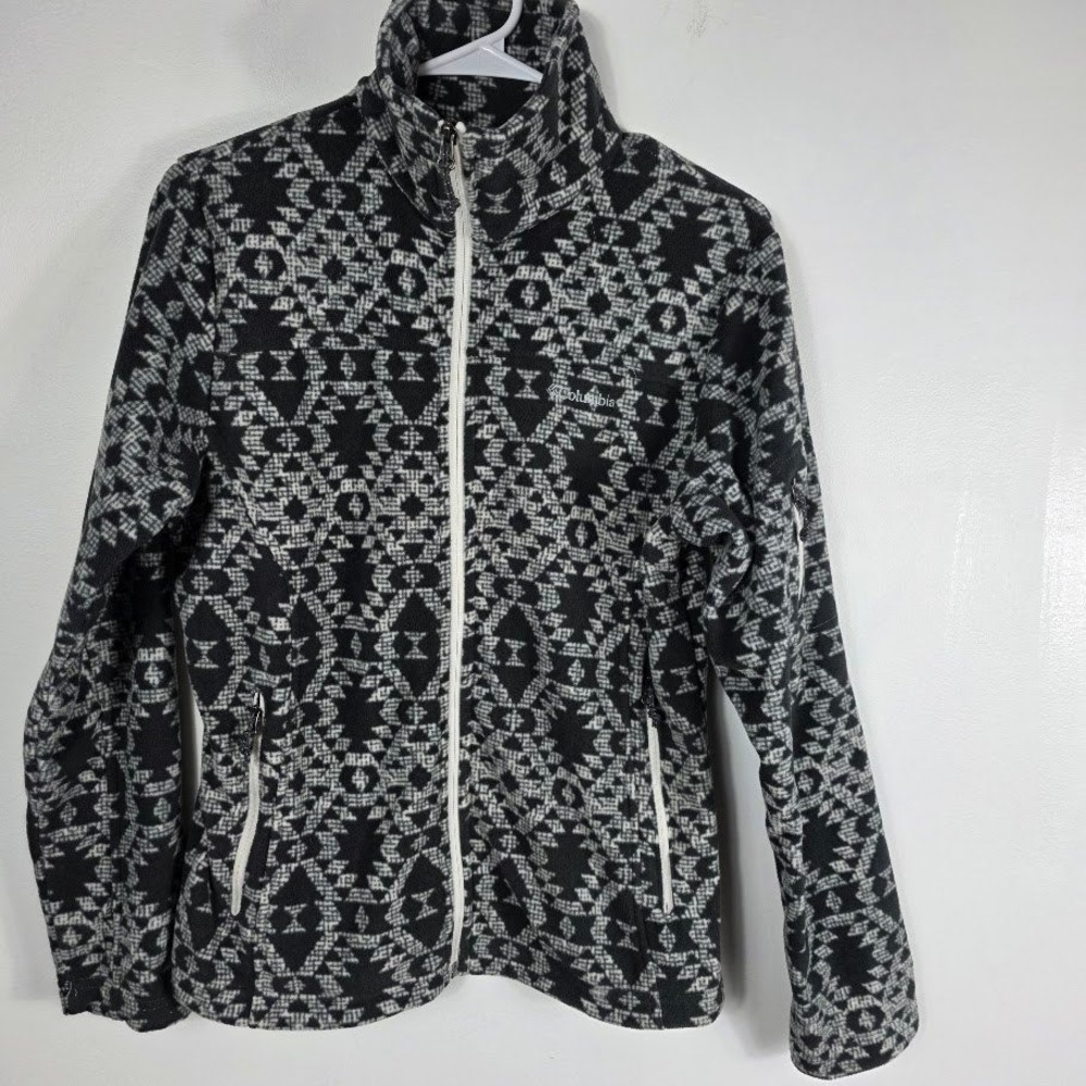 Columbia Sportswear Womens Fleece Jacket‎ Black White Geometric Print Full Zip M